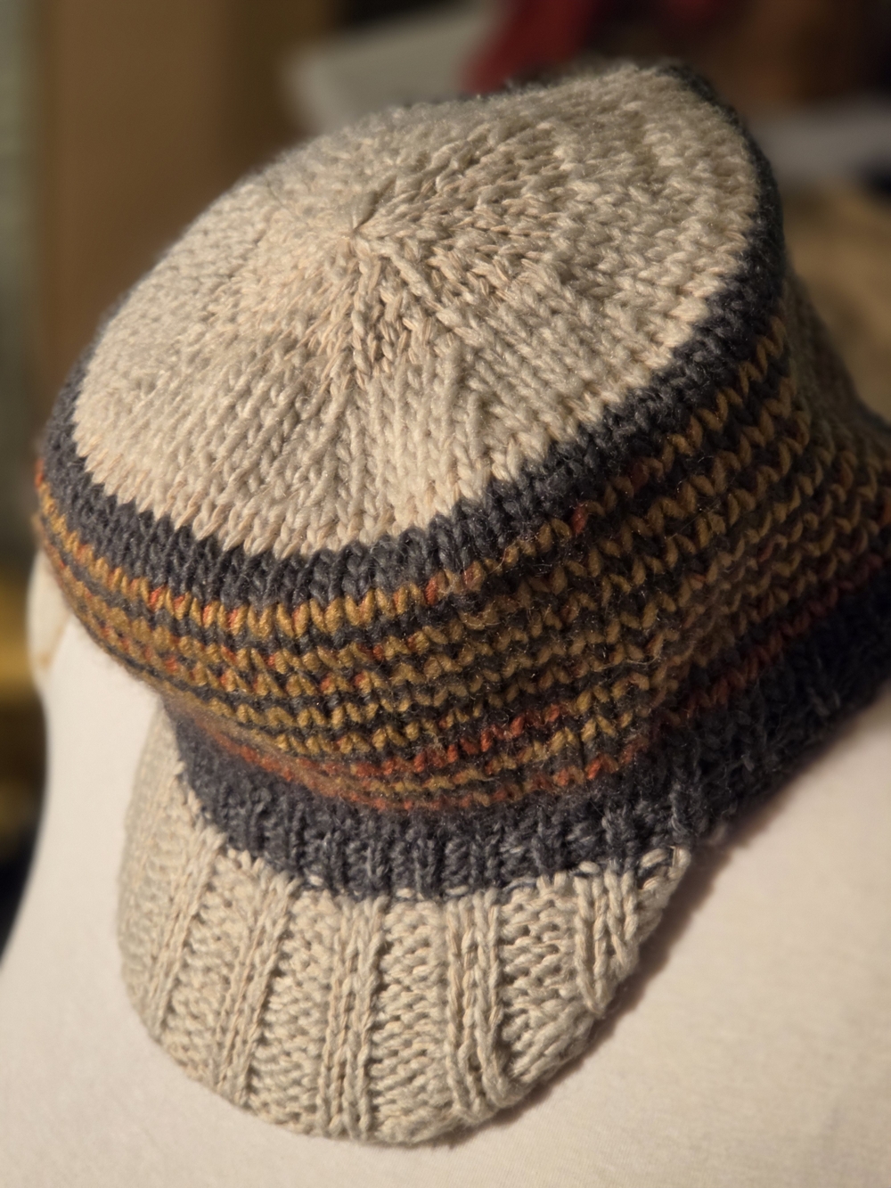 Scala Beige and Charcoal Knit Visor Beanie with Mustard and Rust Stripes